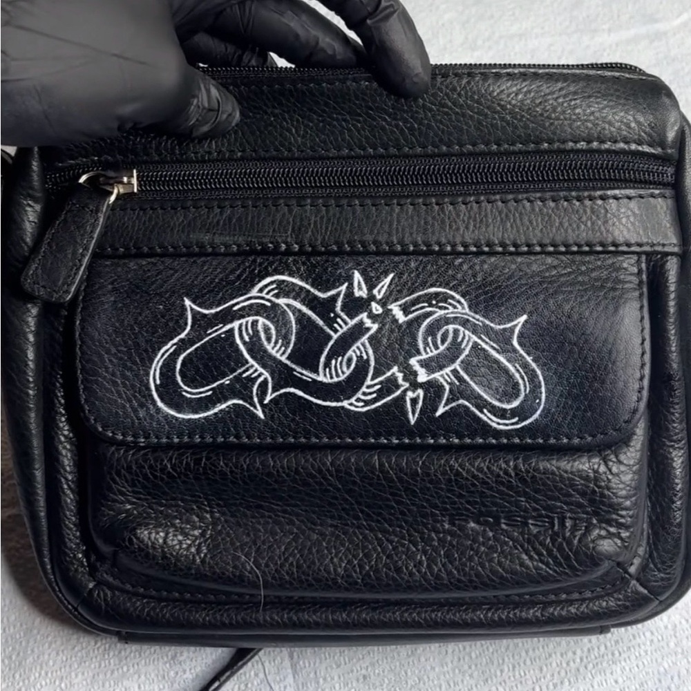 Tattooed Up-cycled Fossil Shoulder Bag with Front Flap